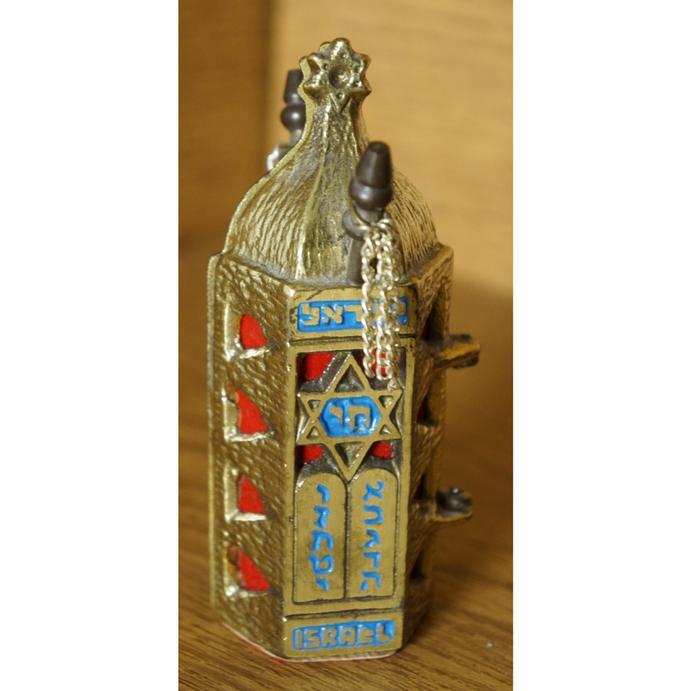 Jewish Torah Scroll Blue Enamel Israel Gold Felt Vintage Case Lions Menorah
